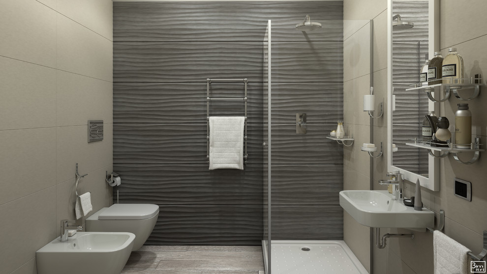 This is an example of a small modern 3/4 bathroom in Milan with open cabinets, a corner shower, a two-piece toilet, gray tile, porcelain tile, grey walls, a wall-mount sink, white floor, a hinged shower door and light hardwood floors.