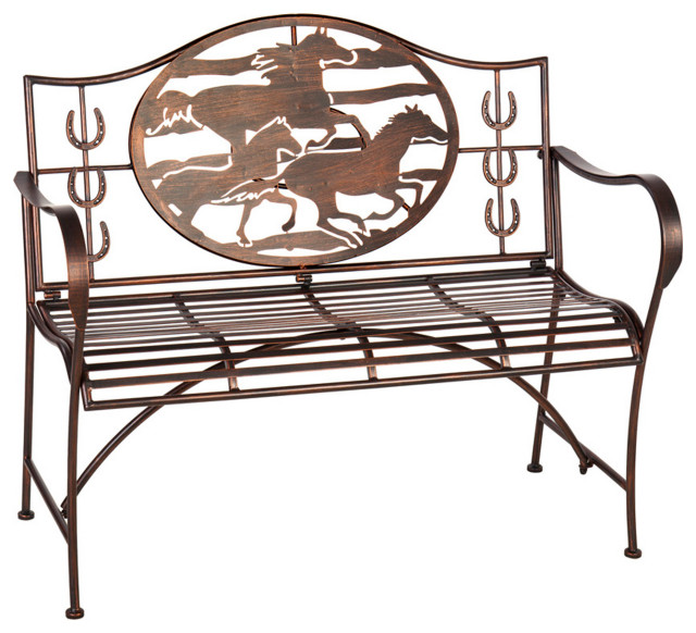 Distressed Bronze Wild Horses Garden Bench Southwestern Outdoor