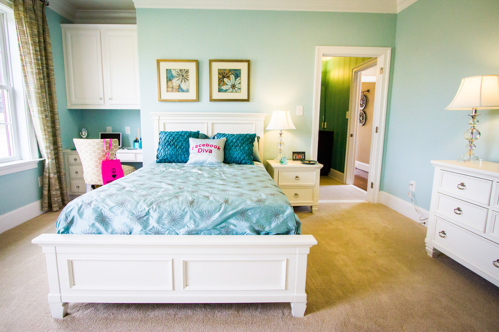Photo of a mid-sized traditional kids' room for girls in Philadelphia with blue walls and carpet.