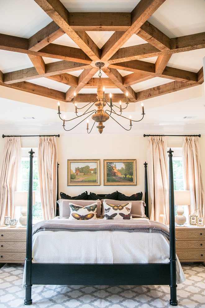 Country master bedroom in Atlanta with beige walls.