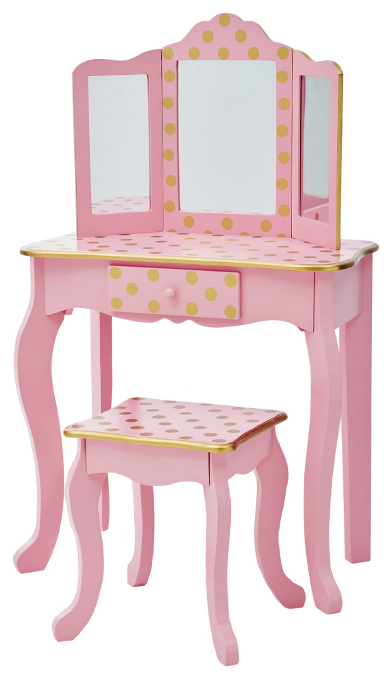 Kids Vanity Table Set Makeup Desk Pink/Gold Contemporary Kids