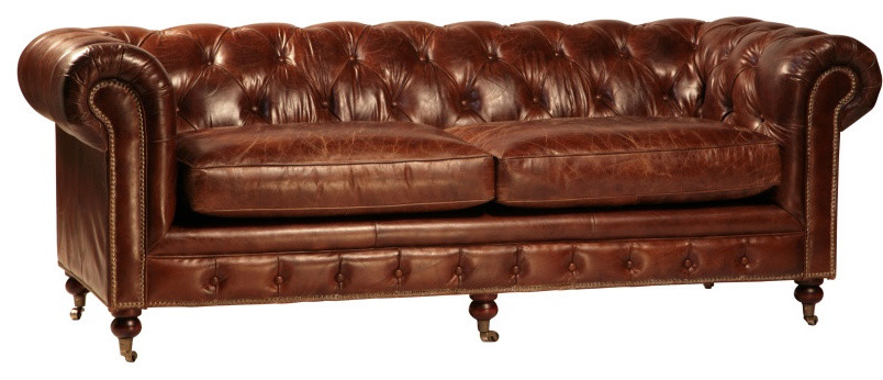 Curved Back Tufted Brown Leather Sofa