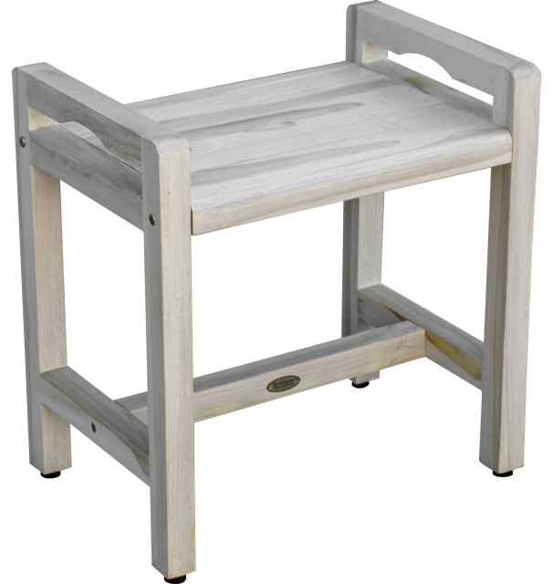 HomeRoots Rectangular Teak Shower Bench With Handles, White Finish