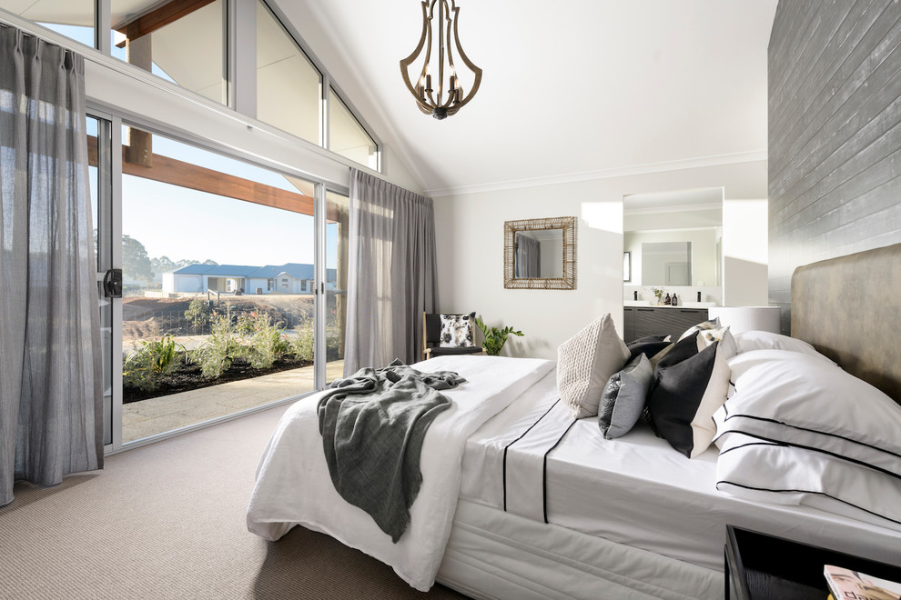 Contemporary master bedroom in Perth with white walls, carpet and beige floor.