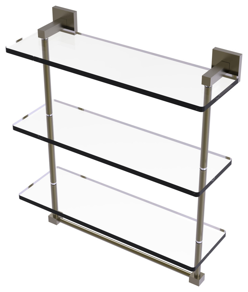 Montero 16" Triple Tiered Glass Shelf with integrated towel bar, Antique Brass