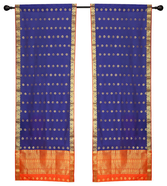 2 Blue Bohemian Indian Sari Curtains Rod Pocket Living Room Window