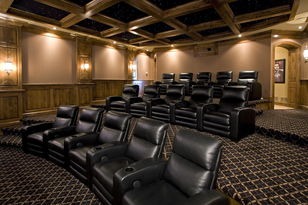 Design ideas for a traditional enclosed home theatre in Minneapolis with carpet and multi-coloured floor.