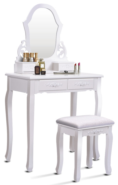 Costway White Vanity Dressing Table Set, Princess Vanity Set With Mirror And Bench