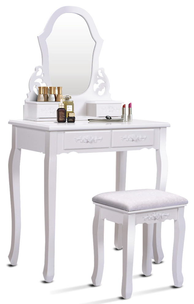 Costway White Vanity Dressing Table Set, Arinze Vanity Set With Stool And Mirror Black