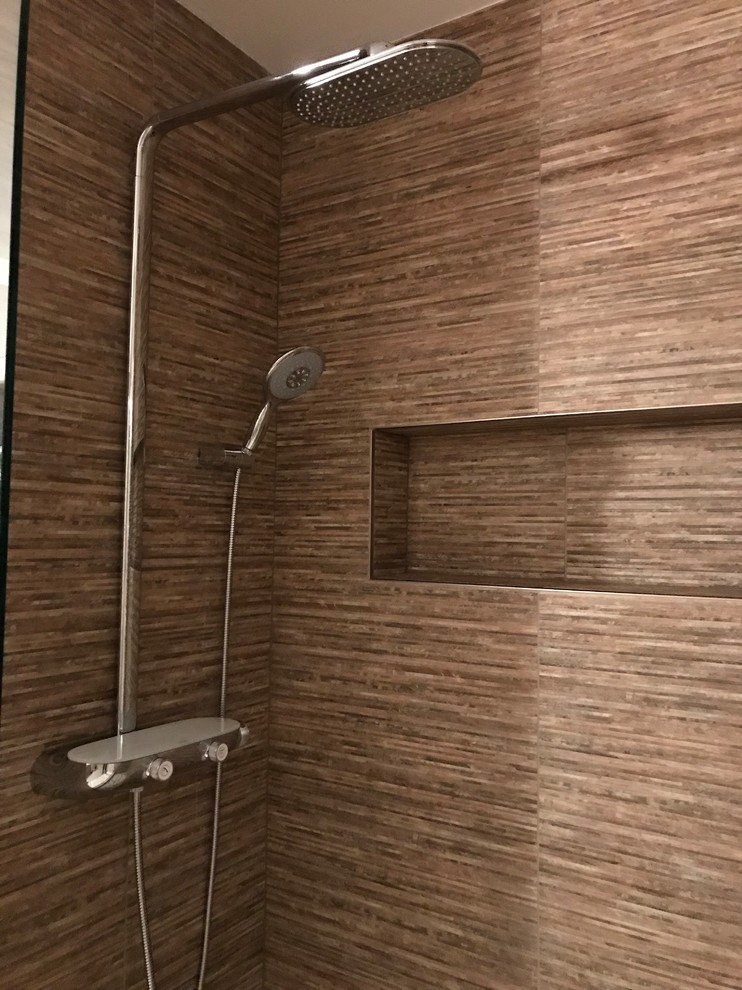 Mid-sized transitional 3/4 brown tile and porcelain tile porcelain tile and beige floor bathroom photo with beige walls