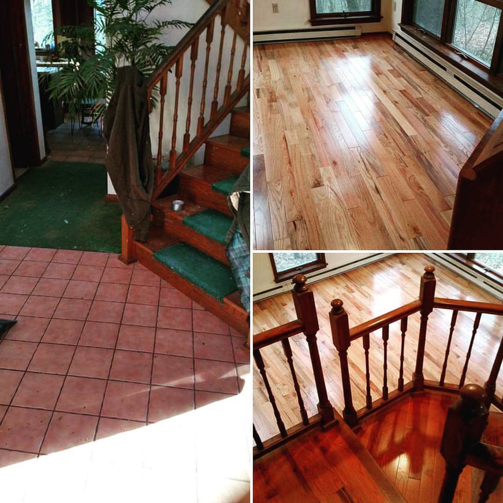 Example of a large medium tone wood floor foyer design