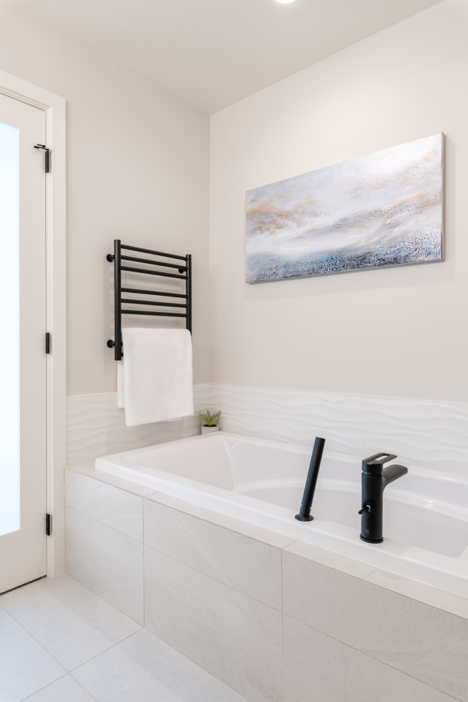 Small contemporary 3/4 bathroom in Vancouver with flat-panel cabinets, beige cabinets, an alcove shower, a two-piece toilet, white tile, porcelain tile, white walls, porcelain floors, an integrated sink, engineered quartz benchtops, grey floor, a sliding shower screen, white benchtops, a single vanity and a floating vanity.