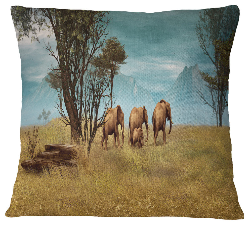 African Elephants Panorama African Throw Pillow, 16"x16"