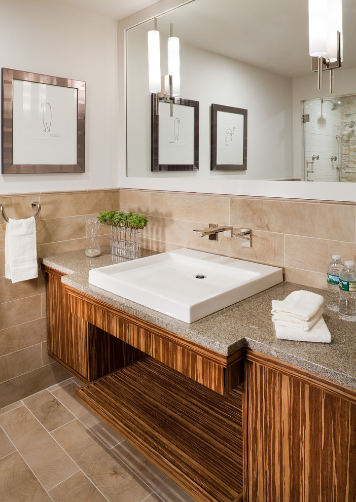 Photo of a mid-sized mediterranean 3/4 bathroom in New York with brown cabinets, beige tile, ceramic tile, ceramic floors, a vessel sink, granite benchtops, beige floor, beige benchtops, open cabinets and white walls.