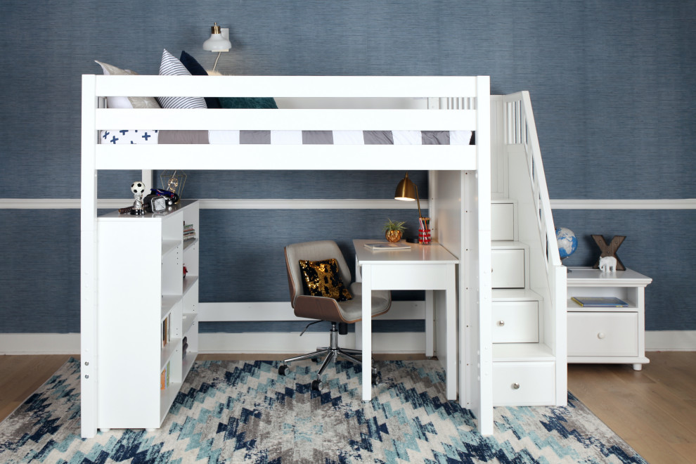 Idee per una cameretta per bambini minimalista di medie dimensioni con pareti blu e moquette
