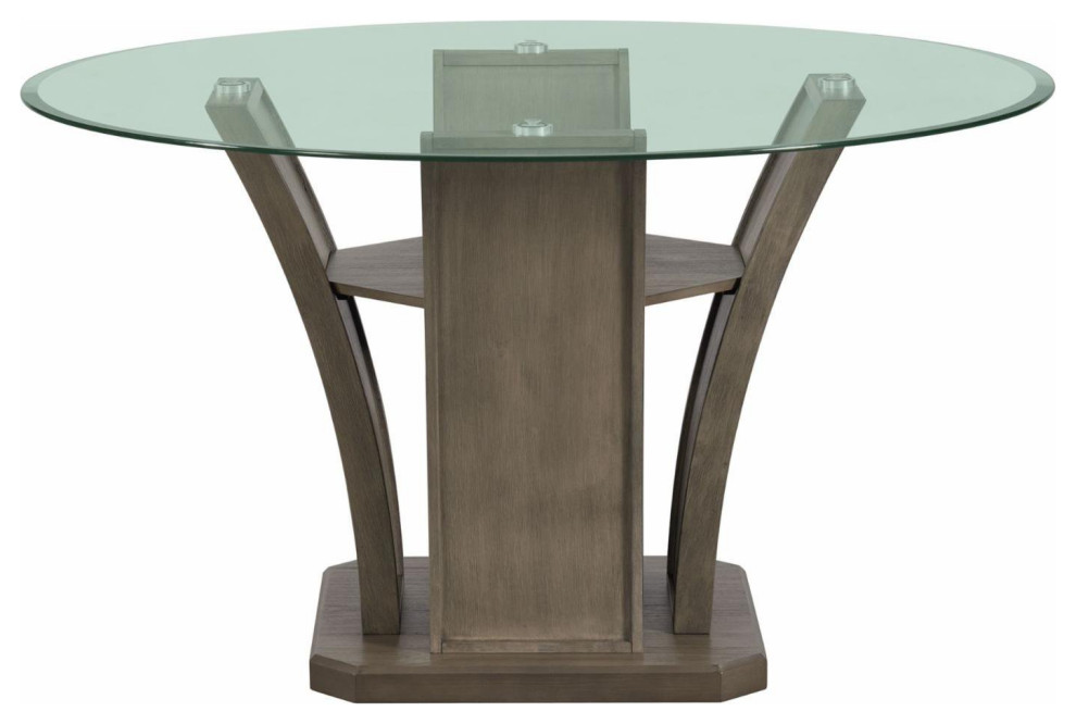 Transitional Dining Table, Pedestal Base With Rounded Glass Top