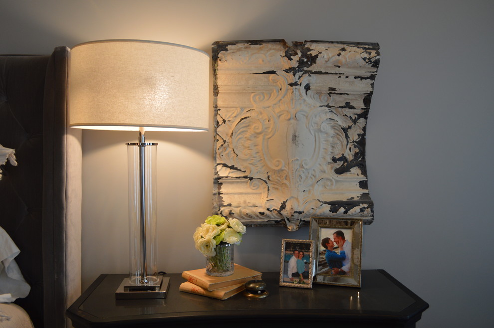 Inspiration for a transitional master carpeted bedroom remodel in Phoenix with gray walls