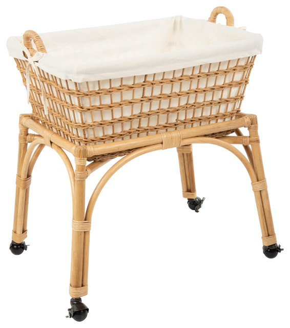 Rectangular Rolling Wicker Laundry Basket and Hamper With Cotton Liner