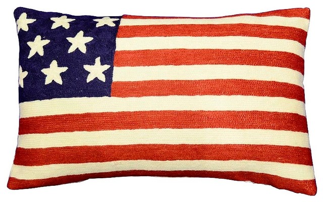 Lumbar American Flag Pillow Cover Union Jack Hand Embroidered Wool