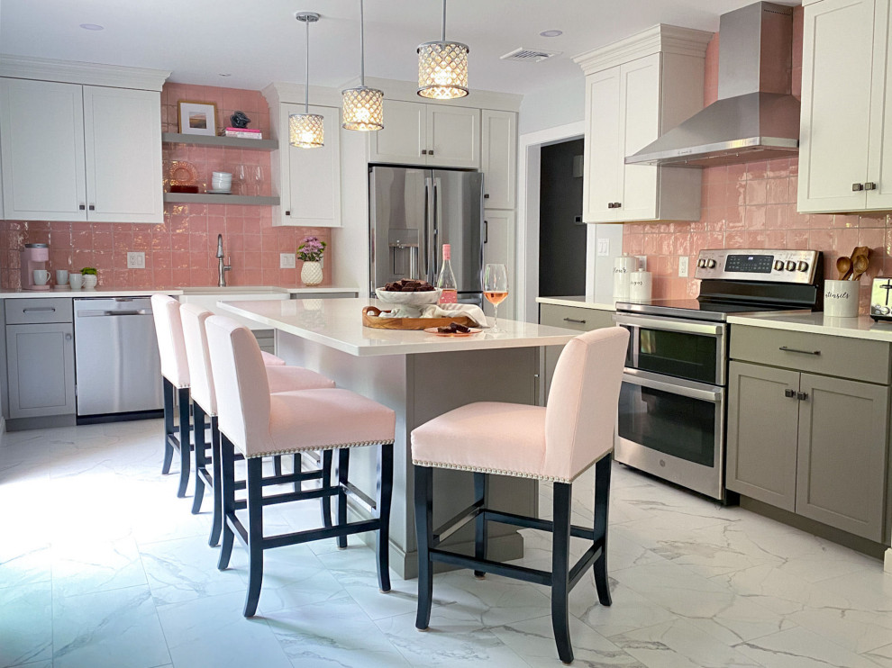 Design ideas for a transitional eat-in kitchen in Boston with a farmhouse sink, shaker cabinets, white cabinets, quartz benchtops, pink splashback, ceramic splashback, stainless steel appliances, porcelain floors, with island, white floor and white benchtop.