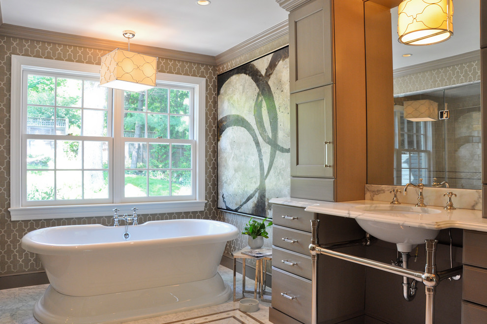Contemporary bathroom in DC Metro with a freestanding tub and a console sink.
