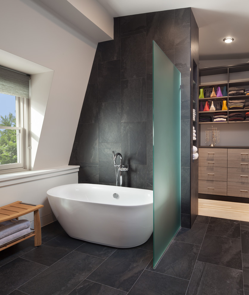 Design ideas for a large contemporary master bathroom in DC Metro with a freestanding tub, gray tile, porcelain tile, white walls, porcelain floors, engineered quartz benchtops and grey floor.