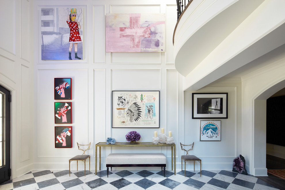 Transitional foyer in Los Angeles with white walls, marble floors and multi-coloured floor.
