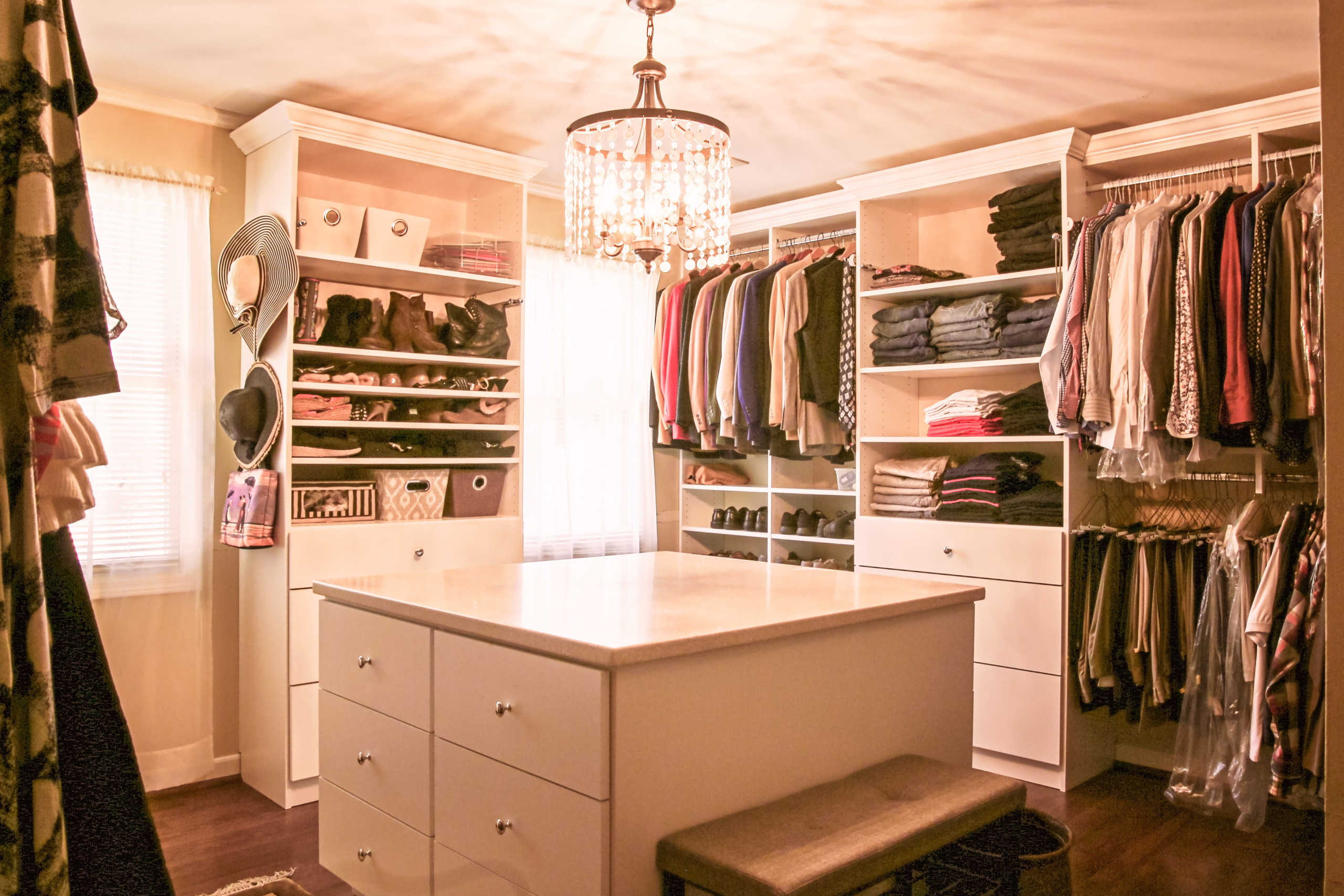 We turned this spare bedroom into a beautiful custom built closet. The homeowner wanted simple yet elegant. The crown detail completes the look.