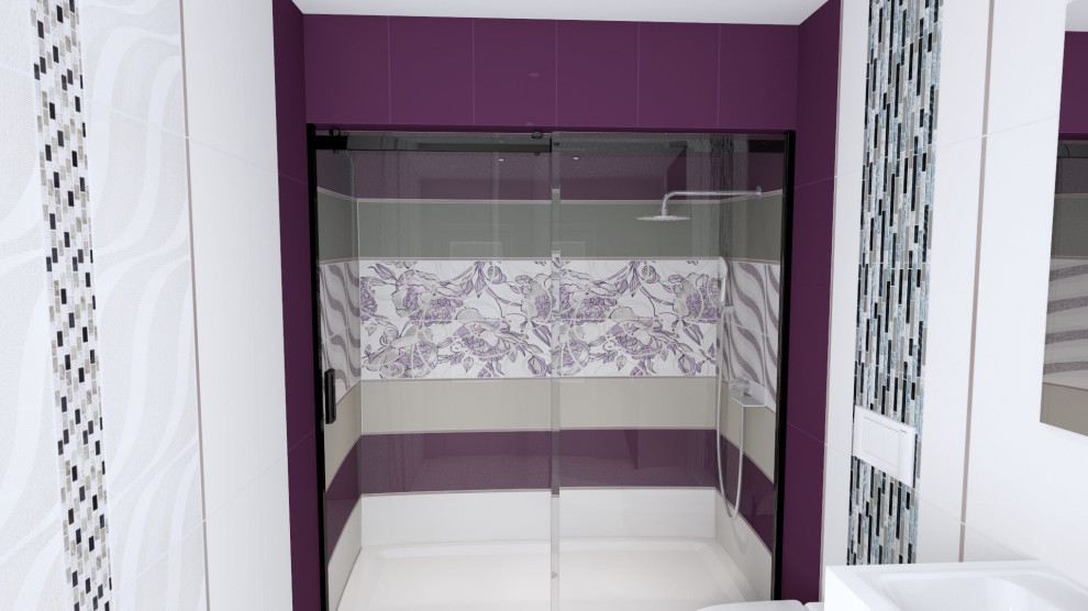 Photo of a mid-sized modern 3/4 bathroom in Toronto with purple cabinets, an alcove shower, a wall-mount toilet, white tile, ceramic tile, white walls, ceramic floors, a wall-mount sink, white floor, a sliding shower screen, white benchtops, a single vanity and a floating vanity.