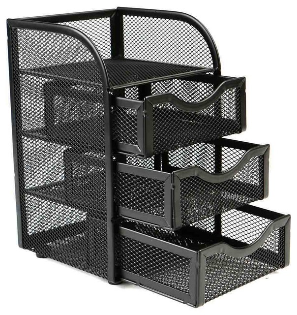 Mesh Mini 3 Drawer Office Supply Organizer Black