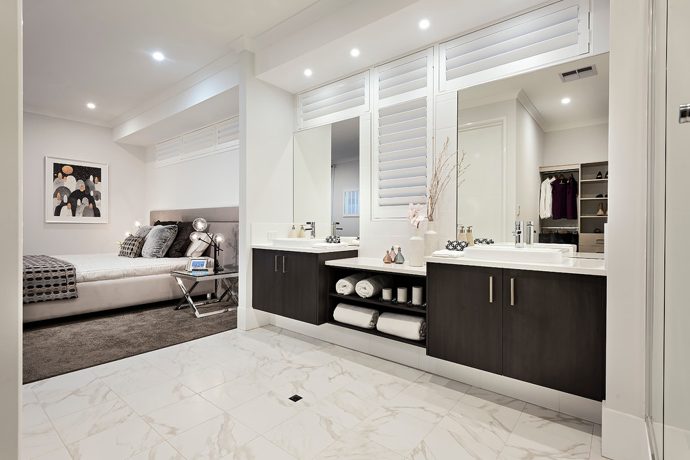 Mid-sized modern master bathroom in Perth with flat-panel cabinets, dark wood cabinets, white tile, white walls, marble floors, a drop-in sink and engineered quartz benchtops.