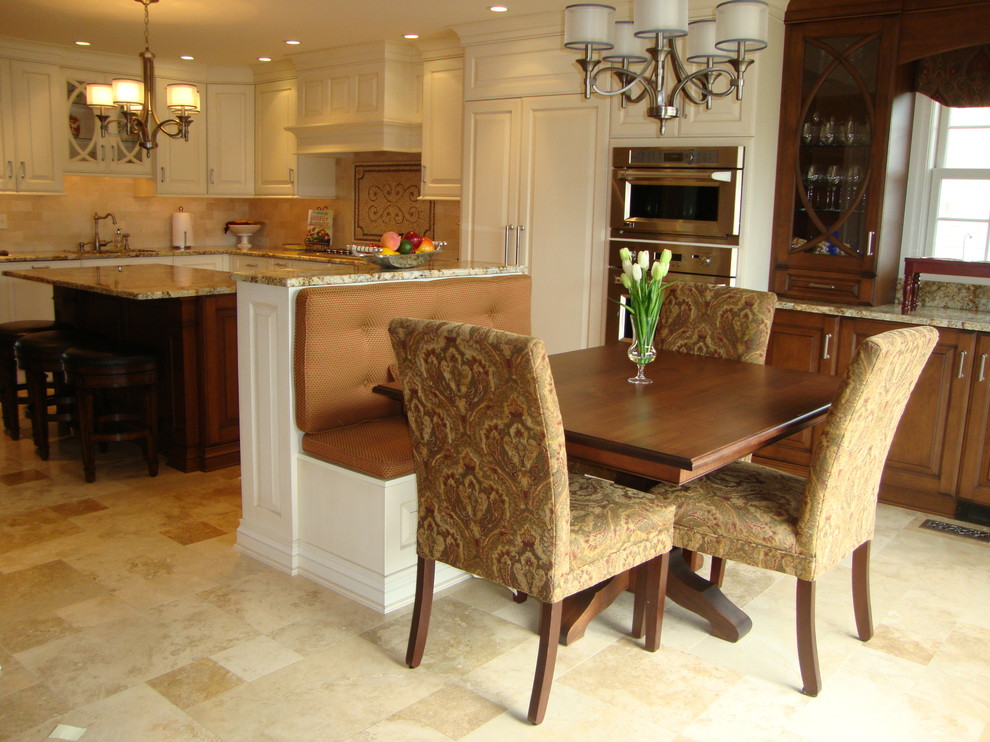 This is an example of a mid-sized transitional kitchen/dining combo in Philadelphia with travertine floors, no fireplace and beige floor.