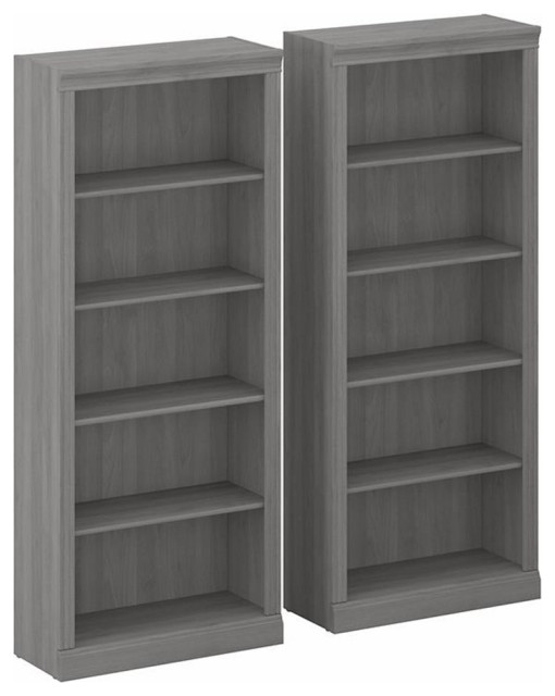 Pemberly Row Tall 5 Shelf Bookcase Set of 2 in Modern Gray