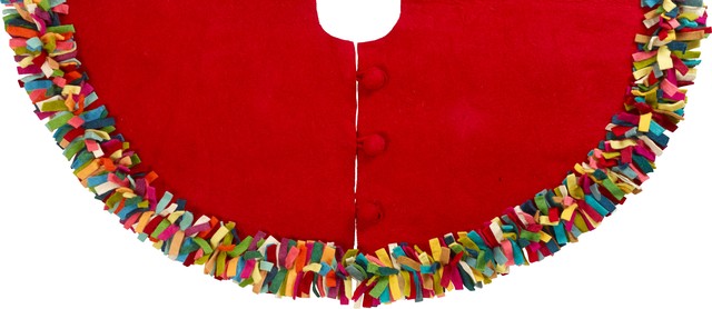 Multicolored Fringe Tree Skirt In Red Hand Felted Wool Multicolored Fringe Tree Skirt In Red Hand Felted Wool
