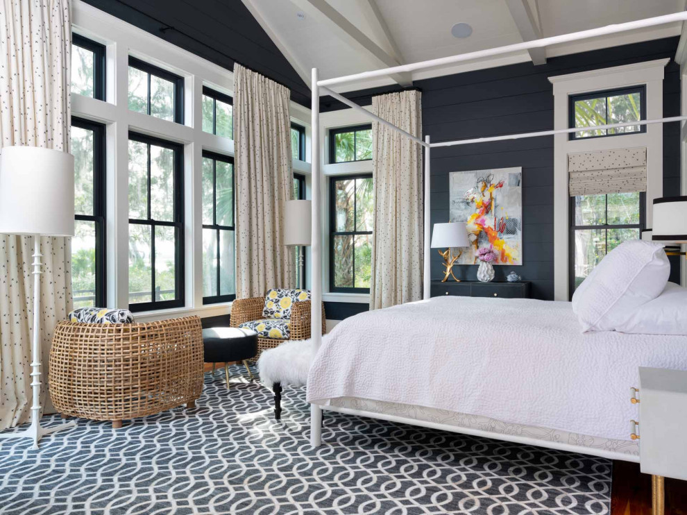 Design ideas for a country master and grey and brown bedroom in Other with a vaulted ceiling, exposed beams, a timber clad ceiling, black walls, medium hardwood flooring, no fireplace, brown floors and tongue and groove walls.