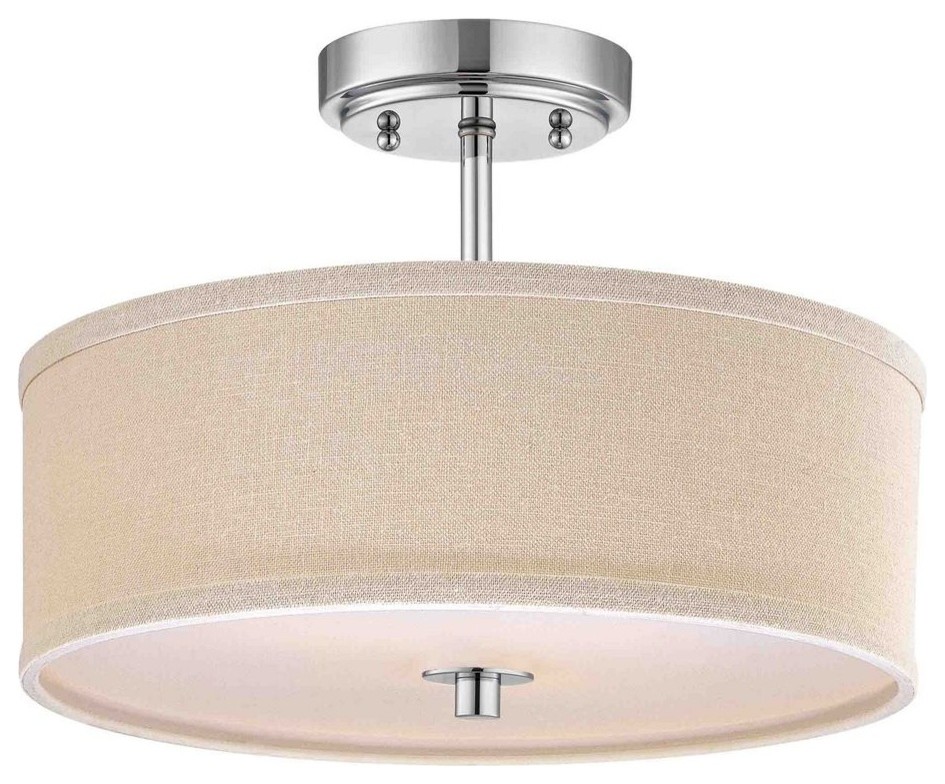 Chrome Drum Ceiling Light With Cream Linen Shade 14 Inches Wide