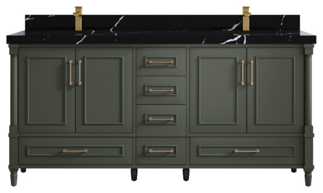 Aberdeen 72 Double Sink Bath Vanity in Pewter Green 2" Calacatta Black ...