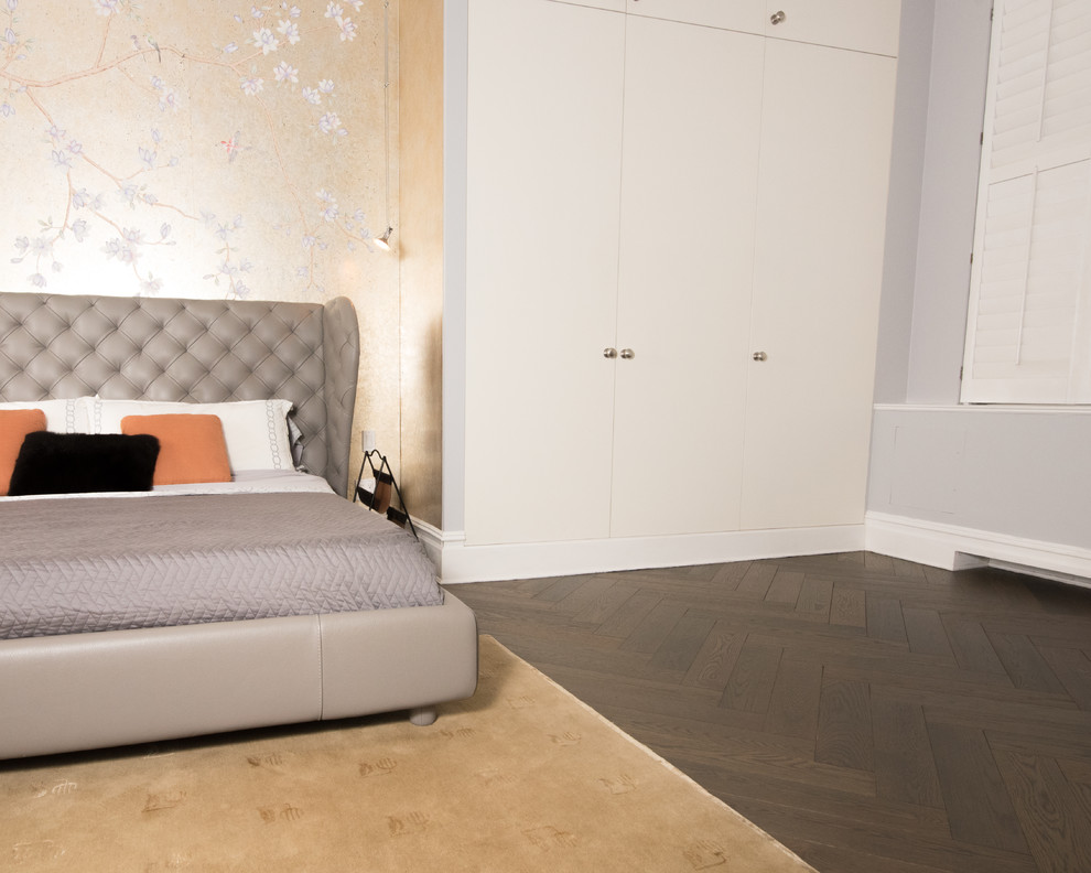 Mid-sized asian master bedroom in New York with dark hardwood floors.