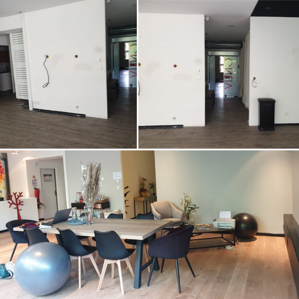 Ejemplo de despacho minimalista grande sin chimenea con paredes blancas, suelo laminado, escritorio independiente y suelo beige