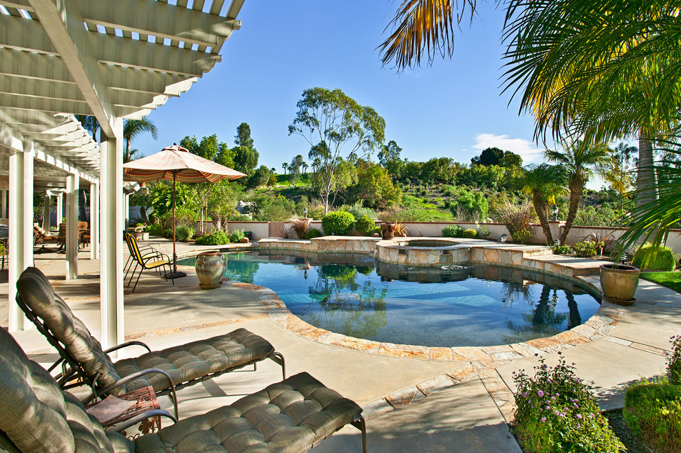 Inspiration for a large traditional backyard kidney-shaped pool in San Diego with a hot tub and concrete slab.