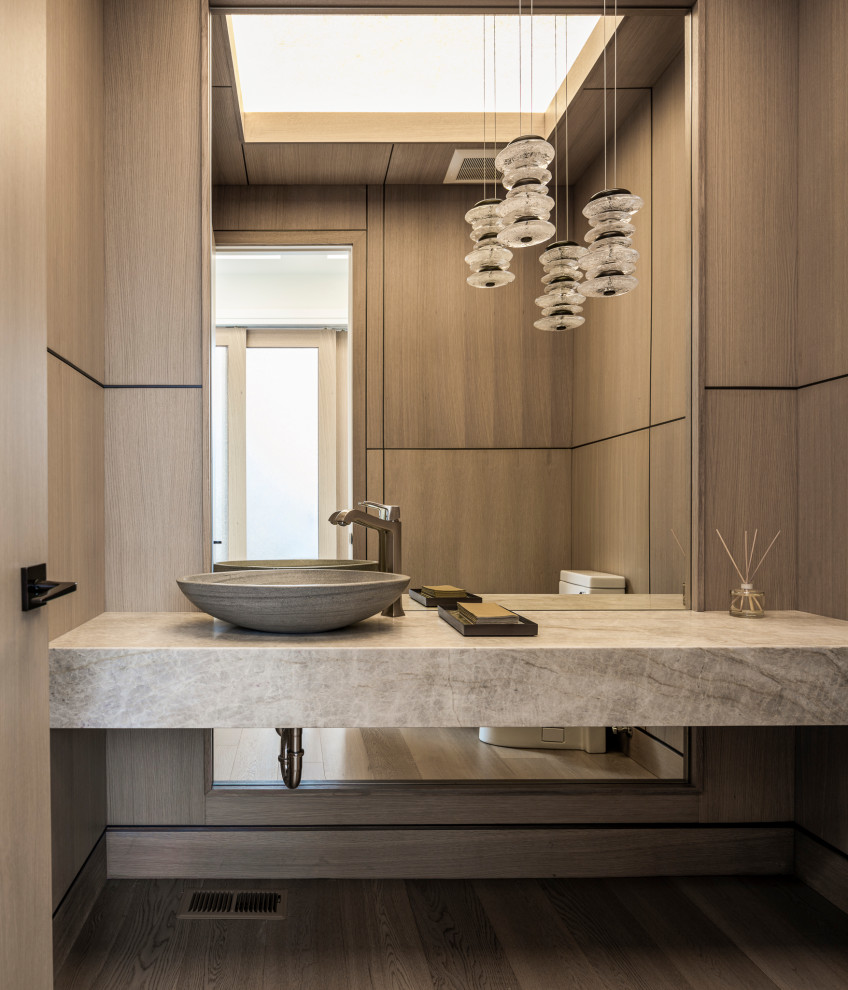 Design ideas for a large classic cloakroom in Seattle with light hardwood flooring, a vessel sink, granite worktops, grey worktops, a floating vanity unit, a wood ceiling and wood walls.