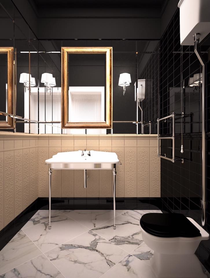 Желто-черная ванная в стиле арт-деко