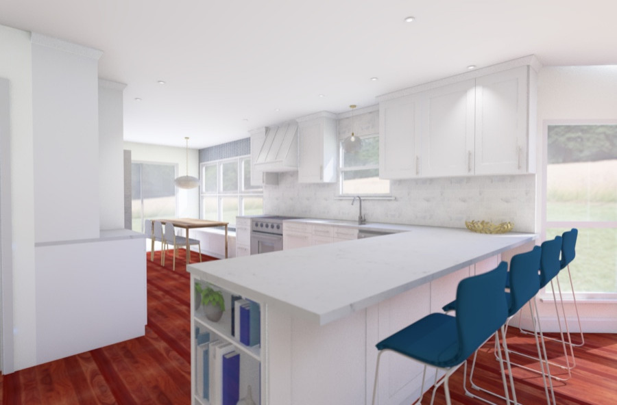 Design ideas for a mid-sized midcentury l-shaped eat-in kitchen with an undermount sink, shaker cabinets, white cabinets, quartz benchtops, white splashback, marble splashback, stainless steel appliances, dark hardwood floors, a peninsula, red floor and white benchtop.