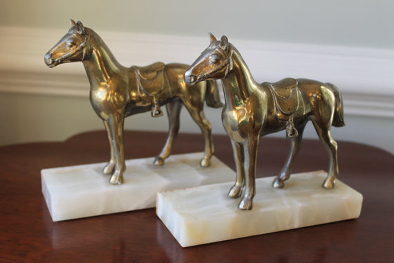 Brass and Marble Horse Bookends by Virginia Haskins & Company
