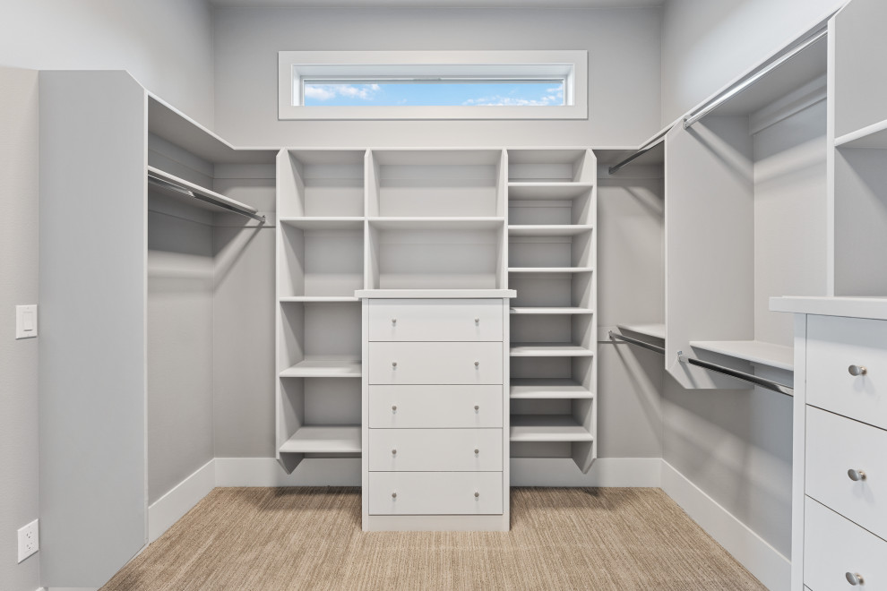 Cette image montre un grand dressing craftsman neutre avec un placard sans porte, des portes de placard blanches, moquette et un sol gris.