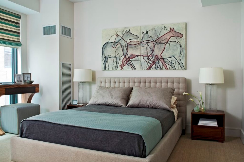 This is an example of a modern bedroom in Boston with white walls.