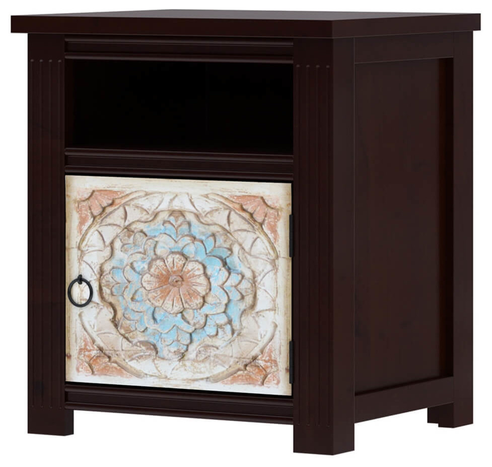 English Garden Hand Carved Mango Wood Nightstand Mediterranean