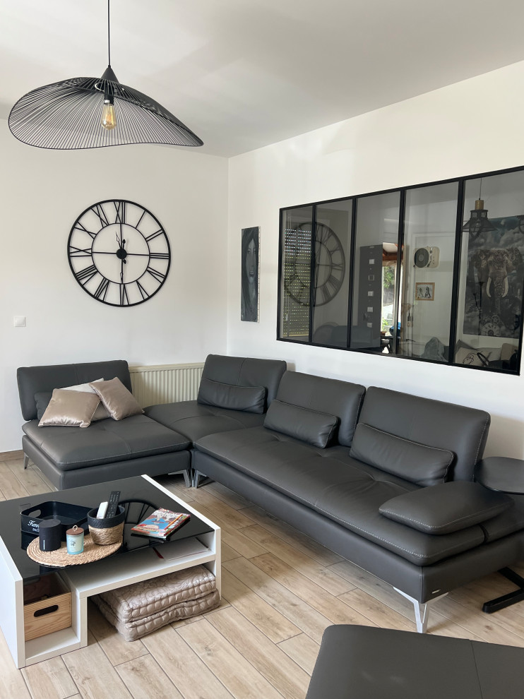 リヨンにある高級な広いインダストリアルスタイルのおしゃれな独立型リビング (白い壁、セラミックタイルの床、暖炉なし、据え置き型テレビ、グレーと黒) の写真