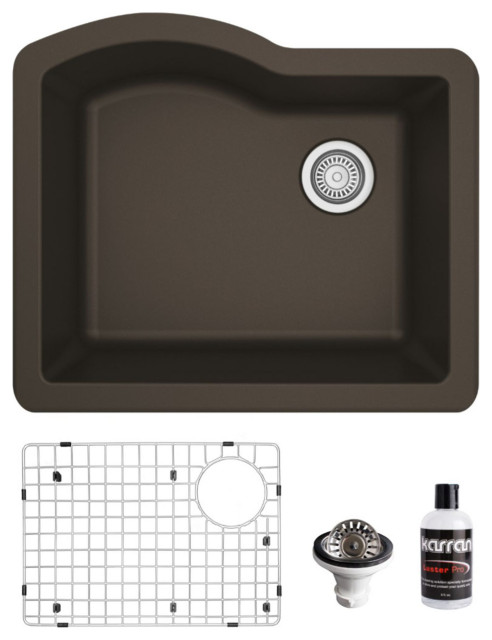 Karran Undermount Quartz 24" Single Bowl Kitchen Sink Kit, Brown