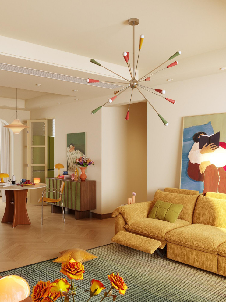 Inspiration for a mid-sized 1950s formal and loft-style light wood floor and orange floor living room remodel in Los Angeles with white walls, no fireplace, a concrete fireplace and no tv